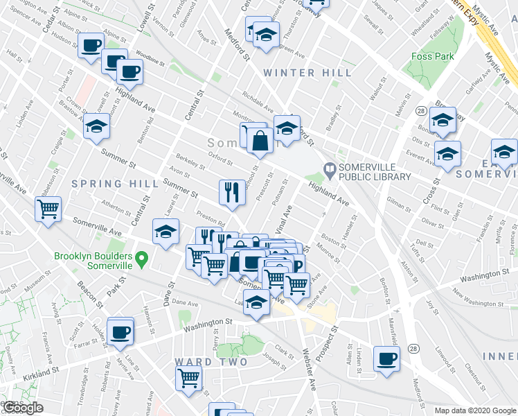 map of restaurants, bars, coffee shops, grocery stores, and more near 22 Putnam Street in Somerville