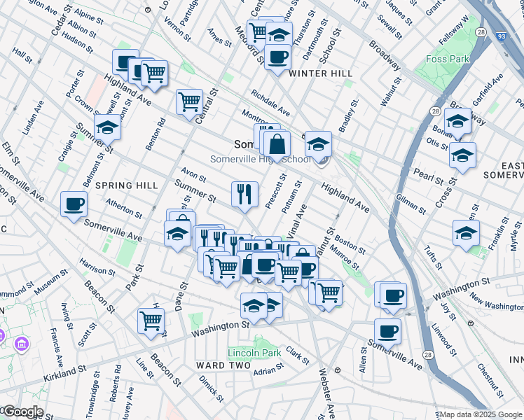 map of restaurants, bars, coffee shops, grocery stores, and more near 59 Summer Street in Somerville