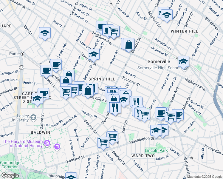 map of restaurants, bars, coffee shops, grocery stores, and more near 15 Central Street in Somerville