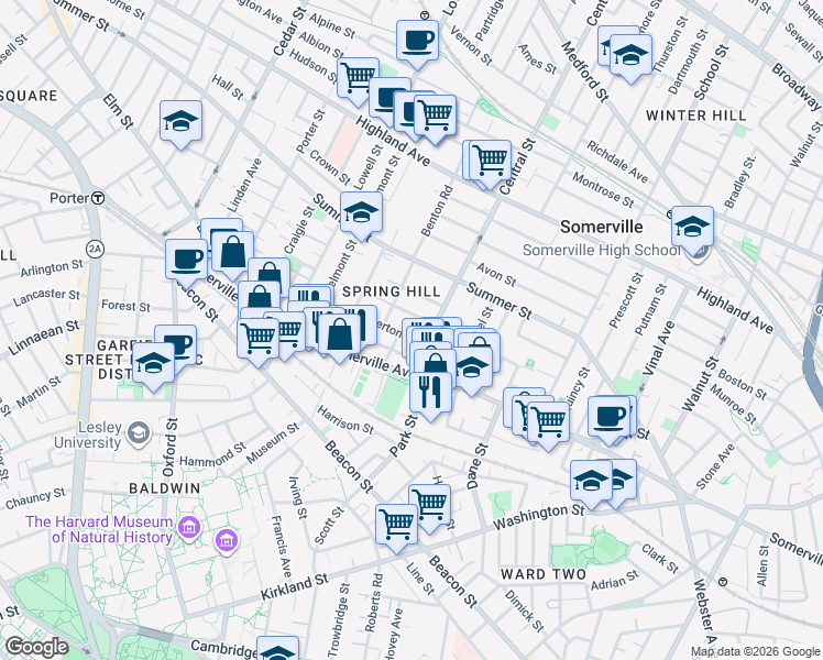 map of restaurants, bars, coffee shops, grocery stores, and more near 19 Cypress Street in Somerville
