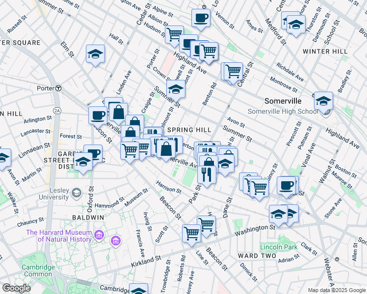 map of restaurants, bars, coffee shops, grocery stores, and more near in Somerville