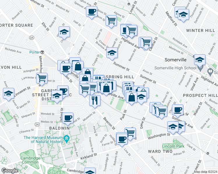 map of restaurants, bars, coffee shops, grocery stores, and more near 593 Somerville Avenue in Somerville