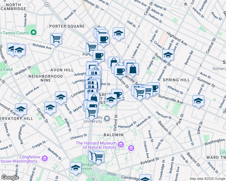 map of restaurants, bars, coffee shops, grocery stores, and more near 119 Oxford Street in Cambridge