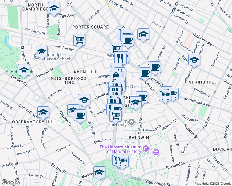 map of restaurants, bars, coffee shops, grocery stores, and more near 1728 Massachusetts Avenue in Cambridge