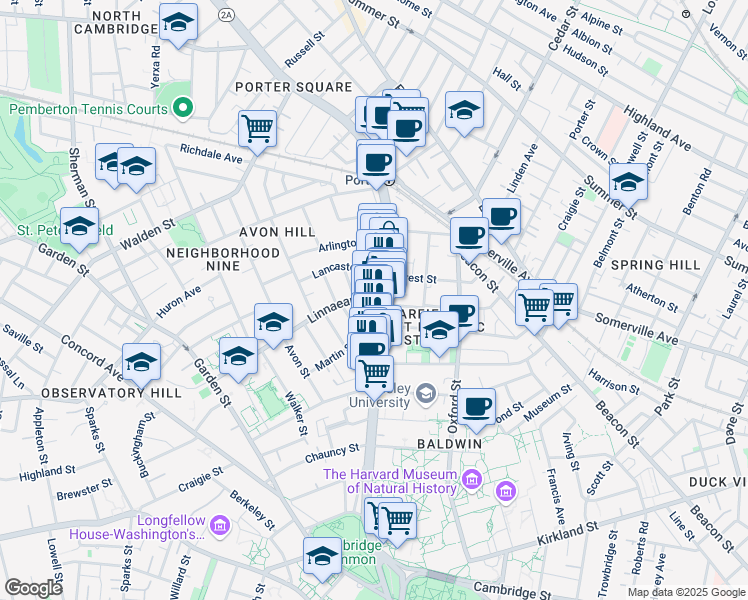 map of restaurants, bars, coffee shops, grocery stores, and more near 1728 Massachusetts Avenue in Cambridge