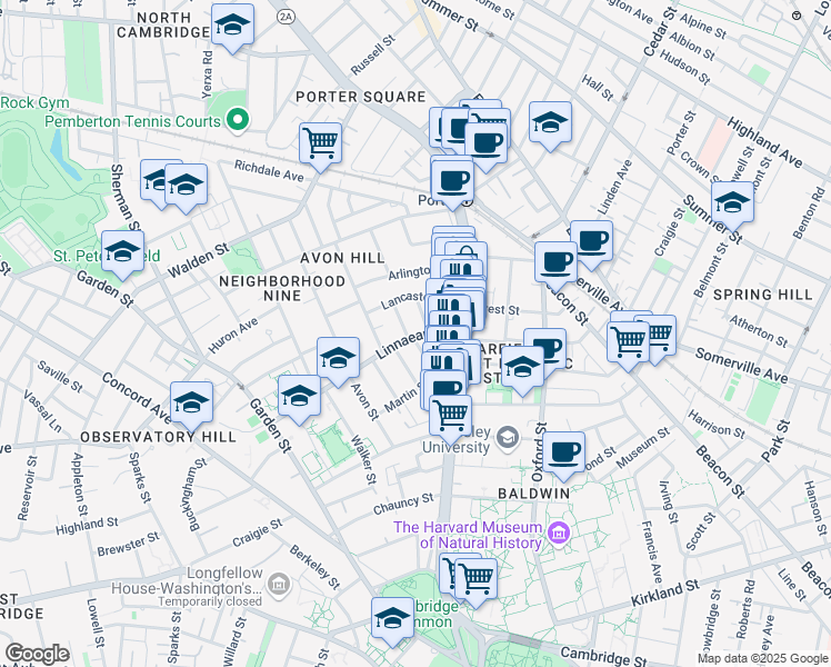 map of restaurants, bars, coffee shops, grocery stores, and more near 27 Hurlbut Street in Cambridge