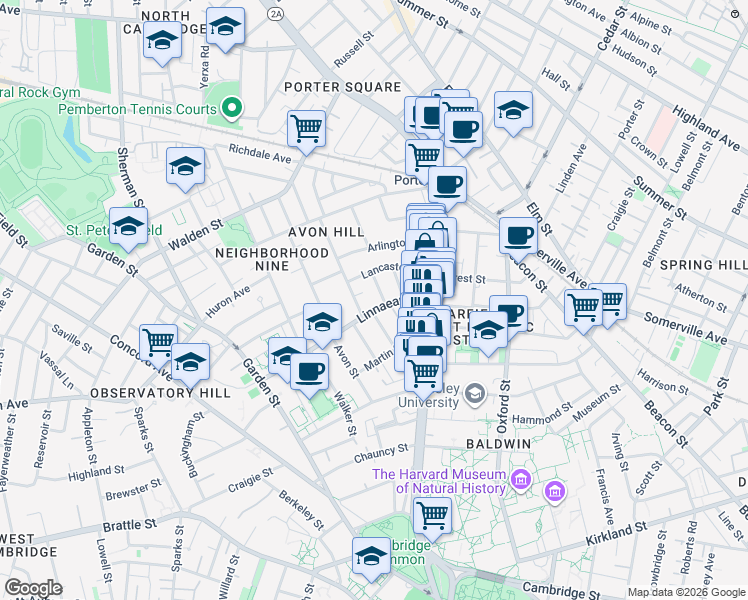 map of restaurants, bars, coffee shops, grocery stores, and more near 5 Washington Avenue in Cambridge