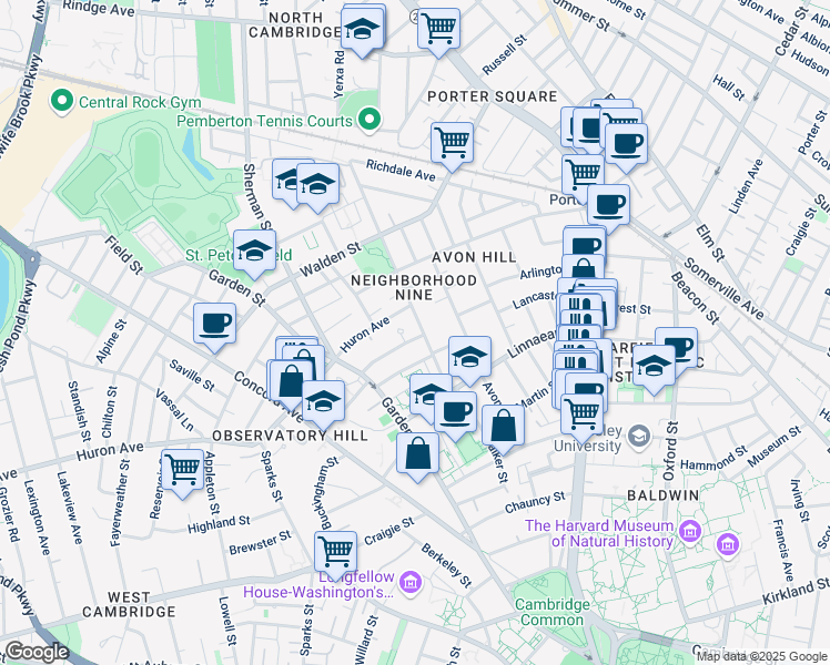 map of restaurants, bars, coffee shops, grocery stores, and more near 34 Bates Street in Cambridge