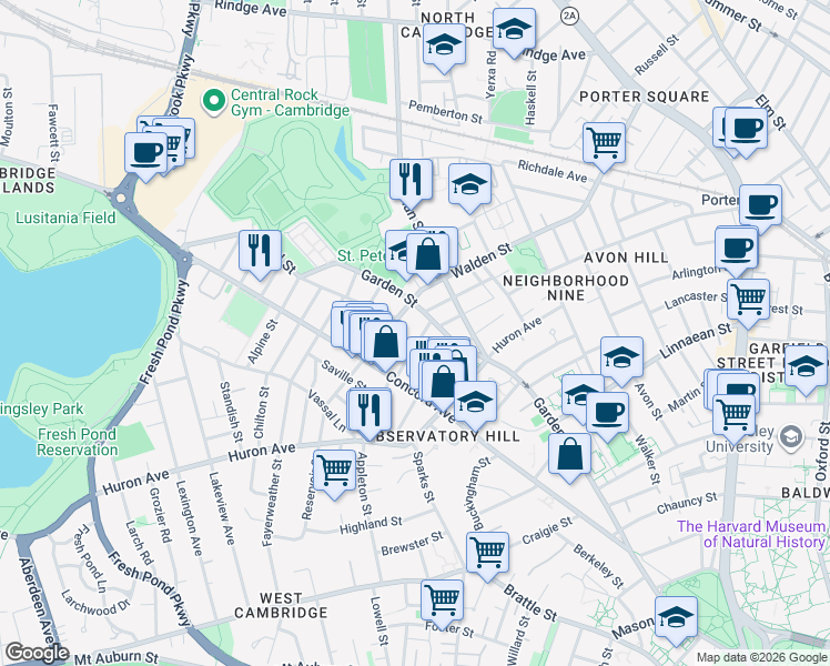 map of restaurants, bars, coffee shops, grocery stores, and more near 25 Orrin Street in Cambridge