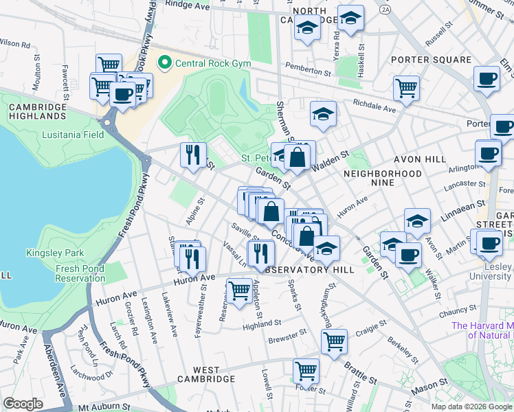 map of restaurants, bars, coffee shops, grocery stores, and more near 302 Concord Avenue in Cambridge