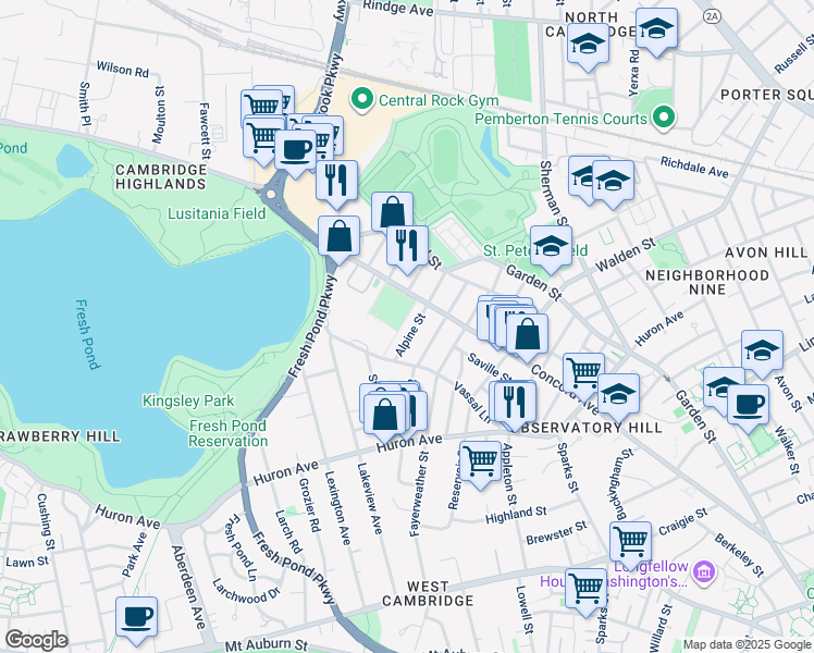 map of restaurants, bars, coffee shops, grocery stores, and more near 95 Chilton Street in Cambridge