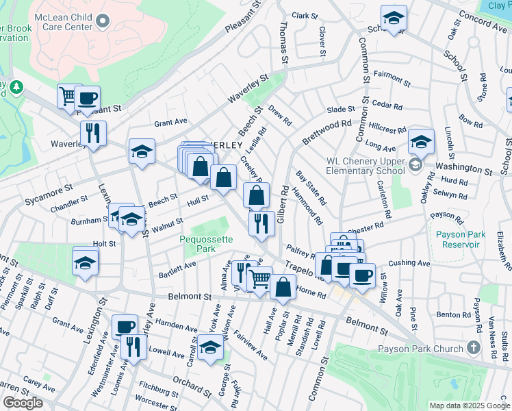 map of restaurants, bars, coffee shops, grocery stores, and more near 280 Trapelo Road in Belmont
