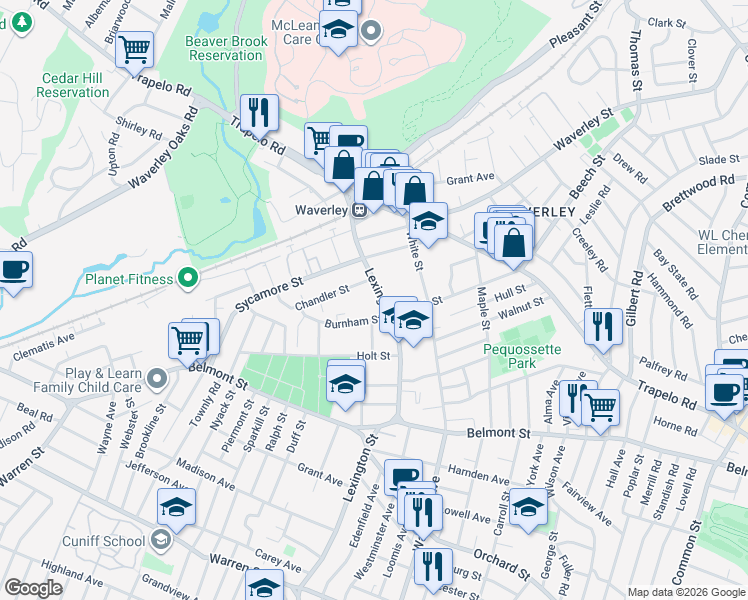 map of restaurants, bars, coffee shops, grocery stores, and more near 2 Burnham Street in Belmont