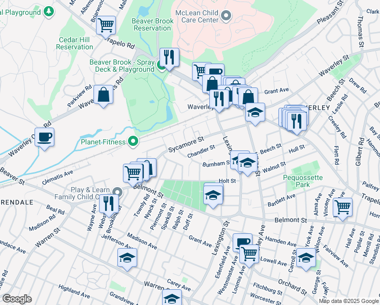 map of restaurants, bars, coffee shops, grocery stores, and more near 73 Burnham Street in Watertown