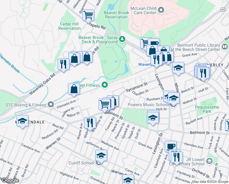 map of restaurants, bars, coffee shops, grocery stores, and more near 41 Circuit Lane in Waltham