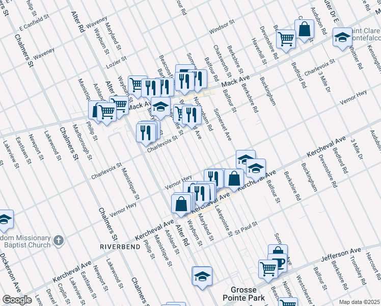 map of restaurants, bars, coffee shops, grocery stores, and more near 1324 Maryland Street in Grosse Pointe Park