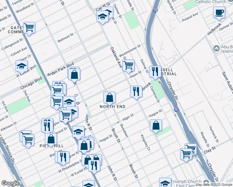 map of restaurants, bars, coffee shops, grocery stores, and more near 530 Josephine Street in Detroit
