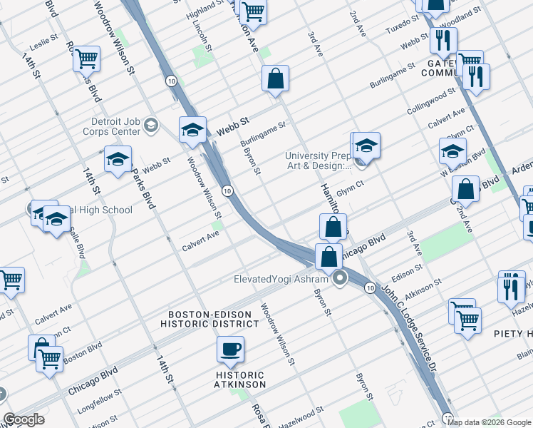 map of restaurants, bars, coffee shops, grocery stores, and more near 1440 Glynn Court in Detroit