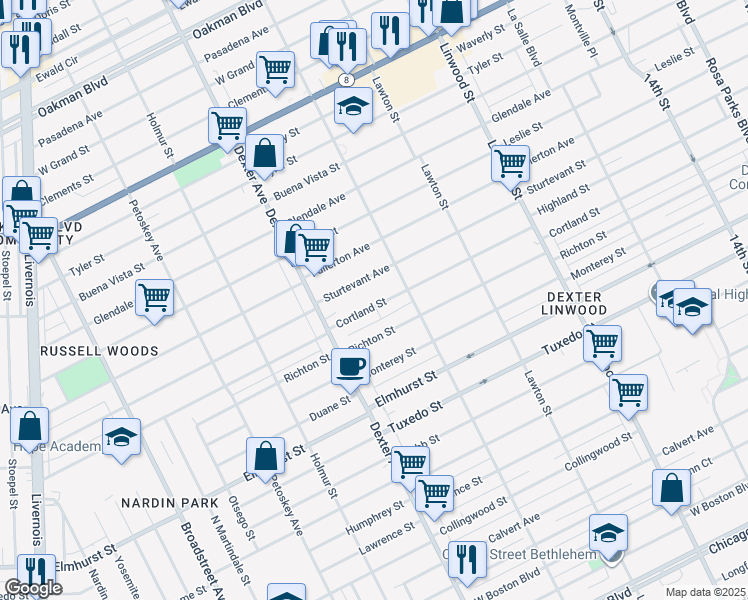 map of restaurants, bars, coffee shops, grocery stores, and more near 3323 Cortland Street in Detroit