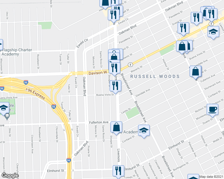 map of restaurants, bars, coffee shops, grocery stores, and more near 12794 Stoepel Street in Detroit