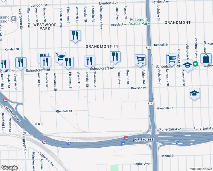 map of restaurants, bars, coffee shops, grocery stores, and more near 12950 Glastonbury Avenue in Detroit