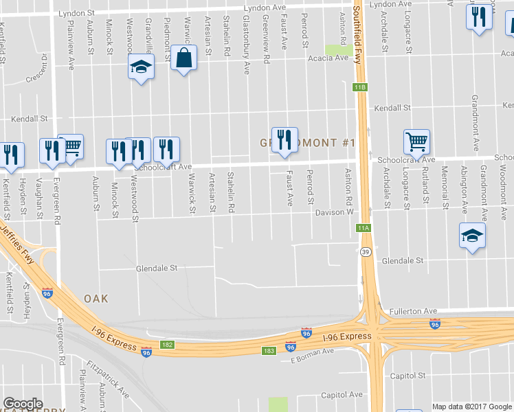 map of restaurants, bars, coffee shops, grocery stores, and more near 12950 Glastonbury Avenue in Detroit