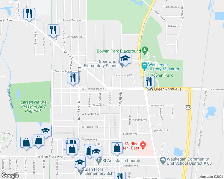 map of restaurants, bars, coffee shops, grocery stores, and more near 1729 Hickory Street in Waukegan