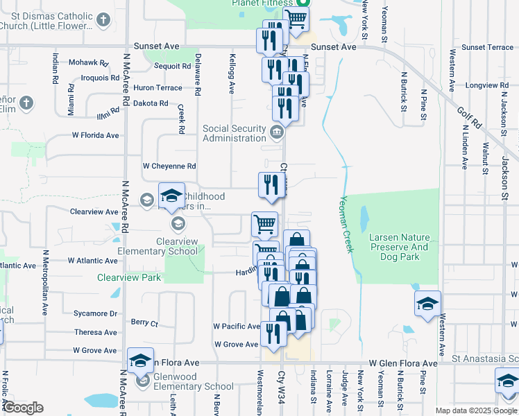 map of restaurants, bars, coffee shops, grocery stores, and more near 1700 North Lewis Avenue in Waukegan