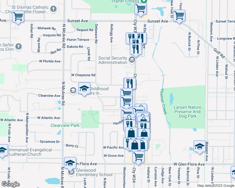 map of restaurants, bars, coffee shops, grocery stores, and more near 2001 Georgetown Lane in Waukegan