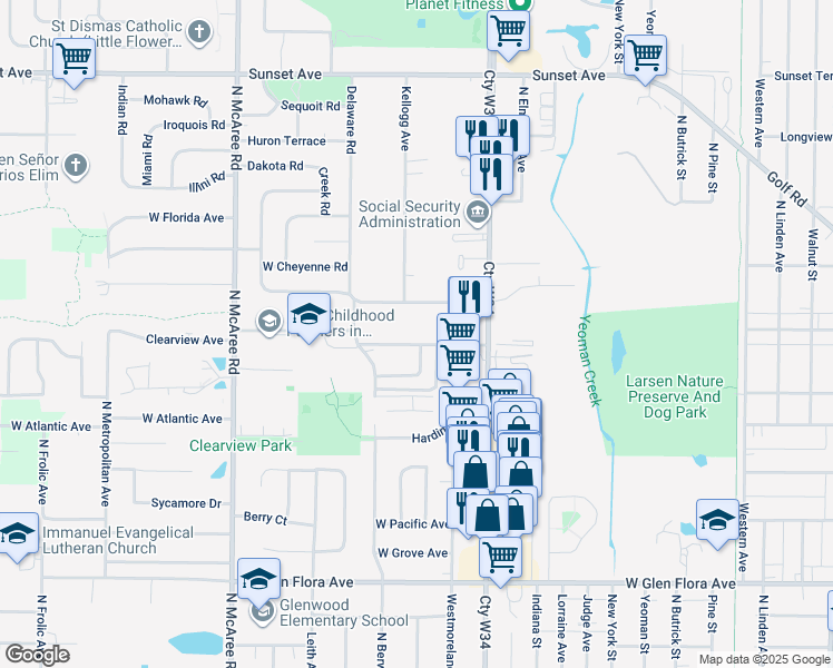 map of restaurants, bars, coffee shops, grocery stores, and more near 2001 Georgetown Lane in Waukegan