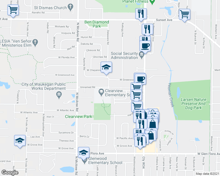 map of restaurants, bars, coffee shops, grocery stores, and more near 1700 Delaware Road in Waukegan