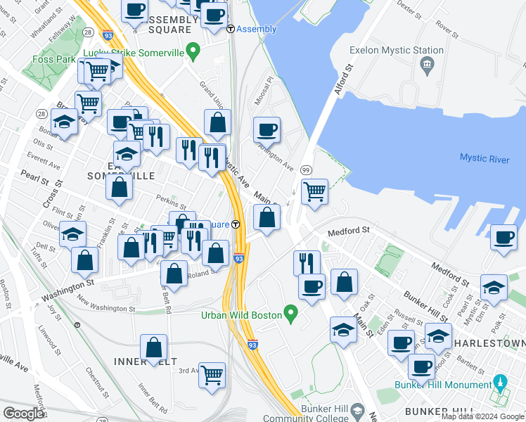 map of restaurants, bars, coffee shops, grocery stores, and more near 93 Gardner Street in Boston