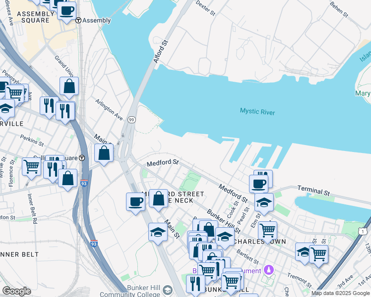 map of restaurants, bars, coffee shops, grocery stores, and more near 498 Medford Street in Boston