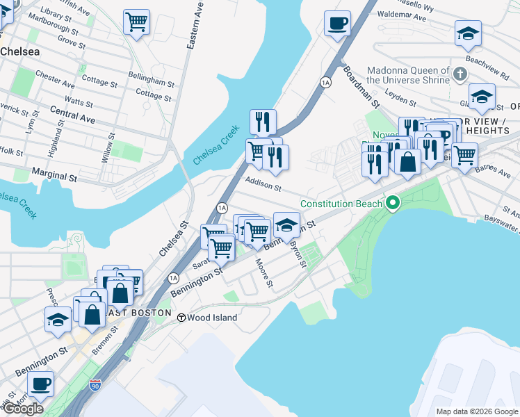 map of restaurants, bars, coffee shops, grocery stores, and more near 754 Saratoga Street in Boston