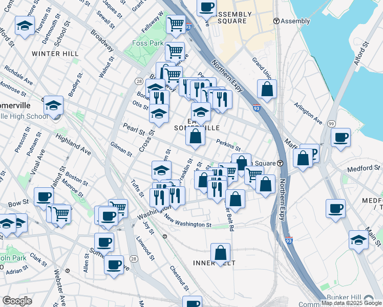 map of restaurants, bars, coffee shops, grocery stores, and more near 49 Franklin Street in Somerville