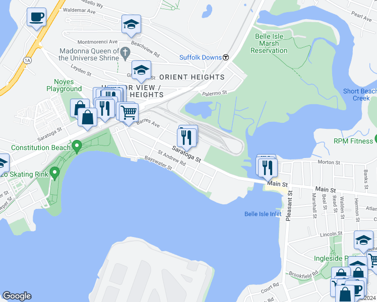 map of restaurants, bars, coffee shops, grocery stores, and more near 1144 Saratoga Street in Boston