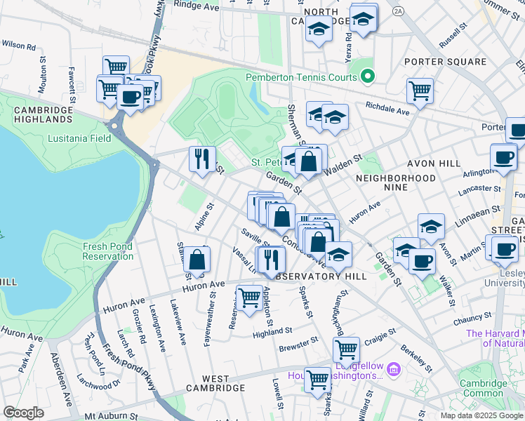 map of restaurants, bars, coffee shops, grocery stores, and more near 20 Copley Street in Cambridge