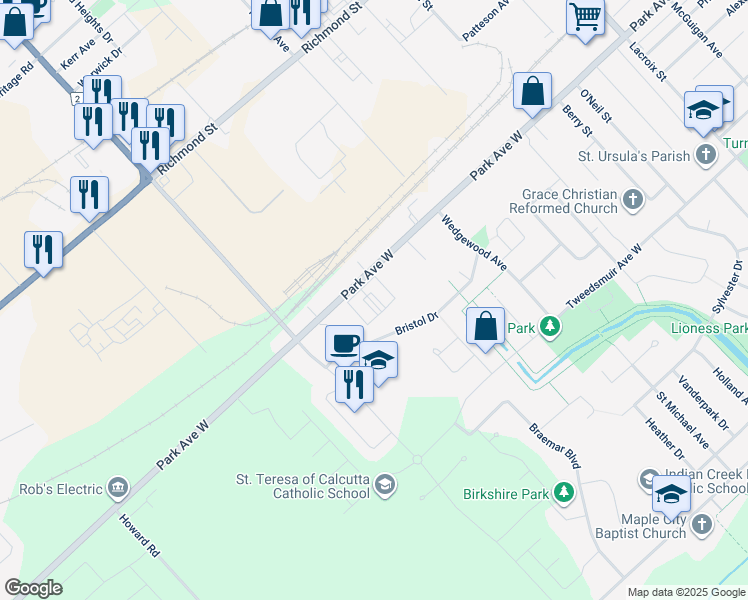 map of restaurants, bars, coffee shops, grocery stores, and more near 19 Hampton Court in Chatham