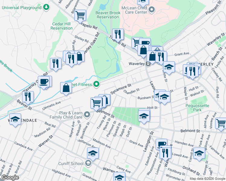 map of restaurants, bars, coffee shops, grocery stores, and more near 191 Sycamore Street in Watertown