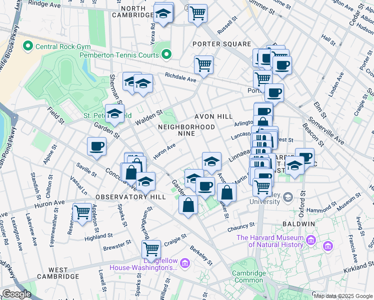 map of restaurants, bars, coffee shops, grocery stores, and more near 34 Bates Street in Cambridge