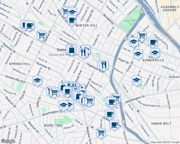 map of restaurants, bars, coffee shops, grocery stores, and more near in Somerville