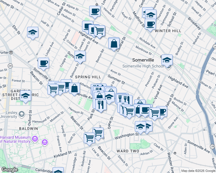 map of restaurants, bars, coffee shops, grocery stores, and more near 38 Laurel Street in Somerville