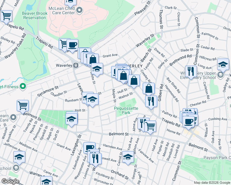 map of restaurants, bars, coffee shops, grocery stores, and more near 57 Maple Street in Belmont
