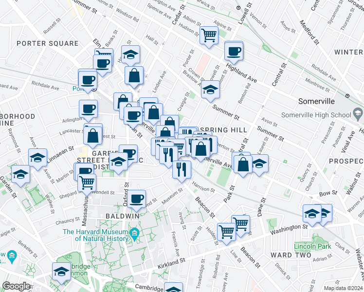 map of restaurants, bars, coffee shops, grocery stores, and more near 651 Somerville Avenue in Somerville