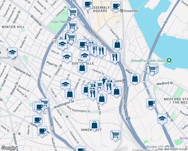 map of restaurants, bars, coffee shops, grocery stores, and more near in Somerville