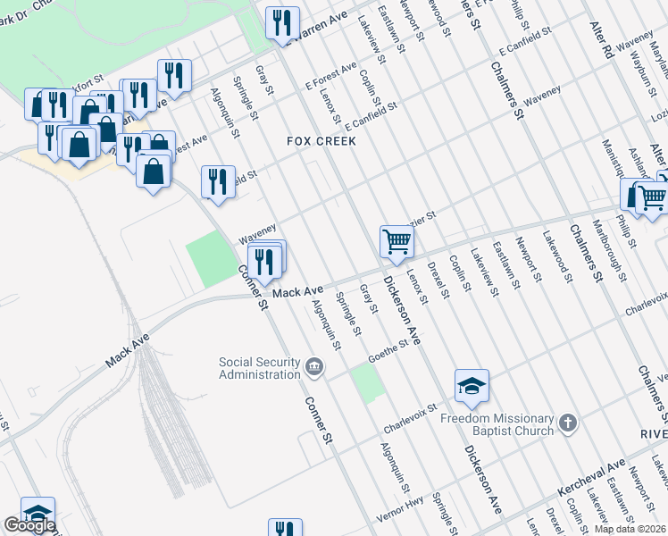 map of restaurants, bars, coffee shops, grocery stores, and more near 12801 Mack Avenue in Detroit