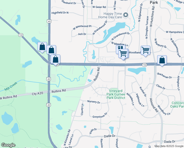 map of restaurants, bars, coffee shops, grocery stores, and more near 7900 Rollins Road in Lake Villa