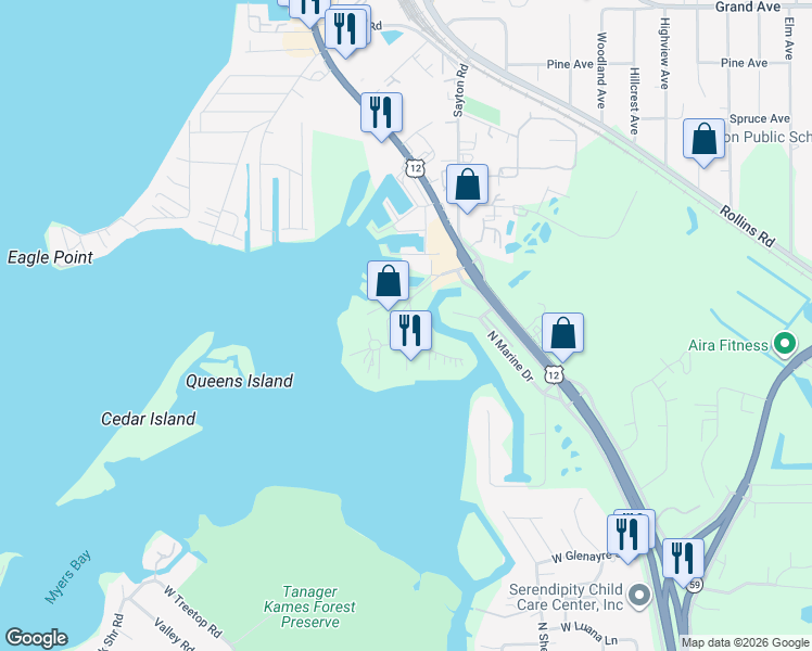 map of restaurants, bars, coffee shops, grocery stores, and more near 504 Park Avenue in Fox Lake