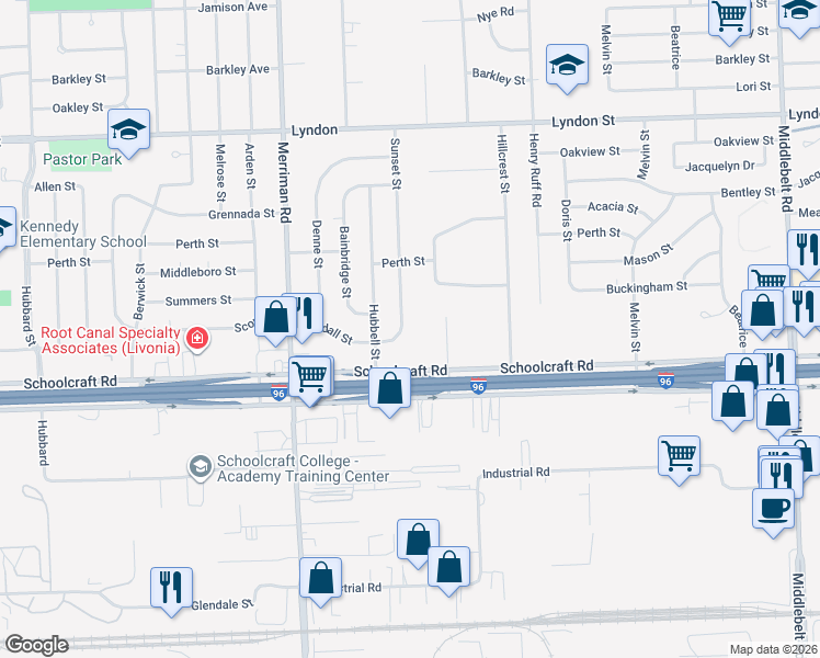 map of restaurants, bars, coffee shops, grocery stores, and more near 31064 Schoolcraft in Livonia