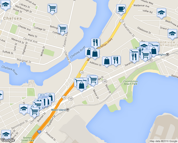 map of restaurants, bars, coffee shops, grocery stores, and more near 25 Moore Street in Boston